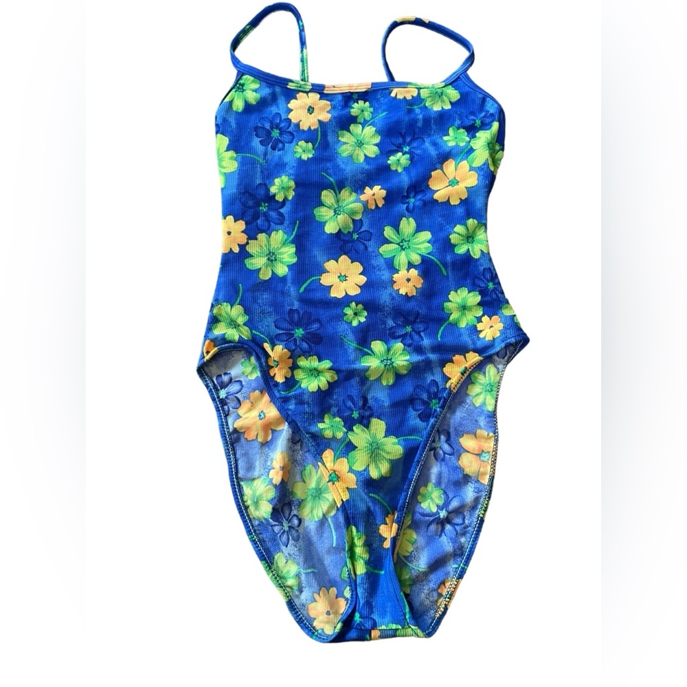 Cherokee Vintage Hippie Tropical Floral High Hip Open Back One Piece Swimsuit